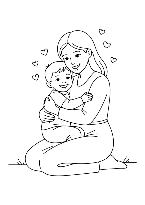 Printable hand-drawn Mom and Child Hug coloring page