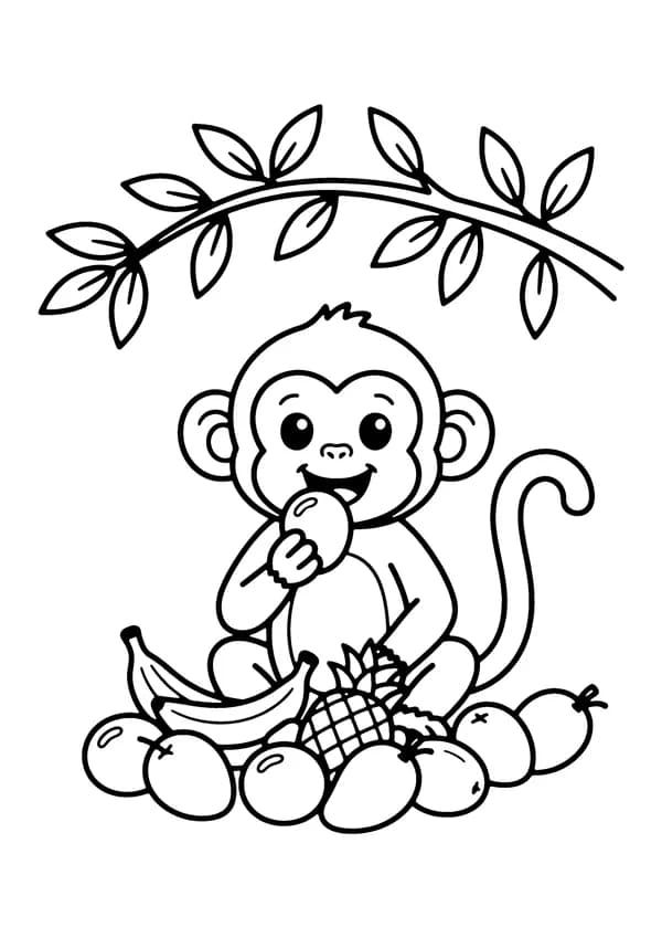 Printable hand-drawn Monkey Eating Fruit coloring page
