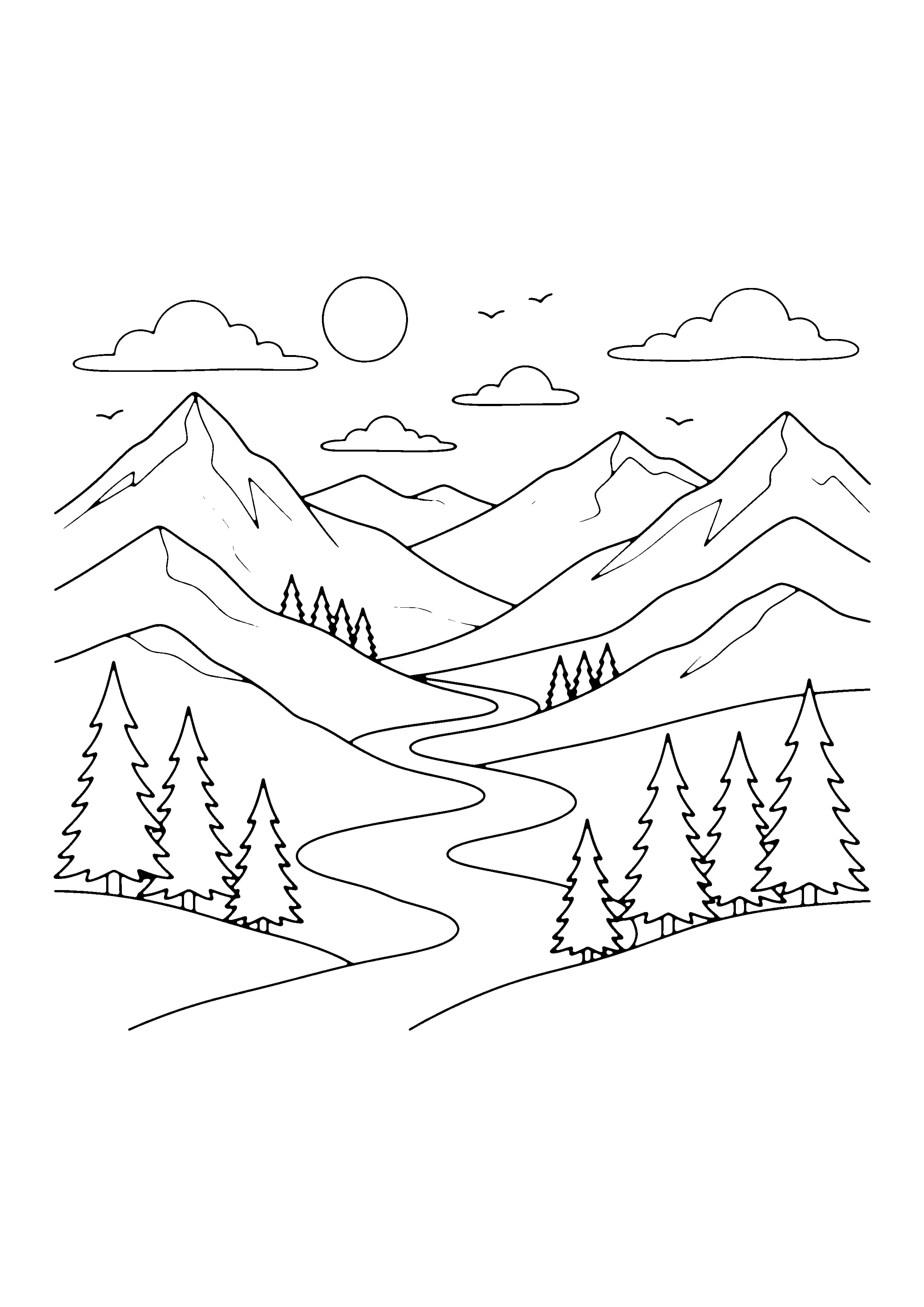 Printable hand-drawn Mountain Landscape coloring page