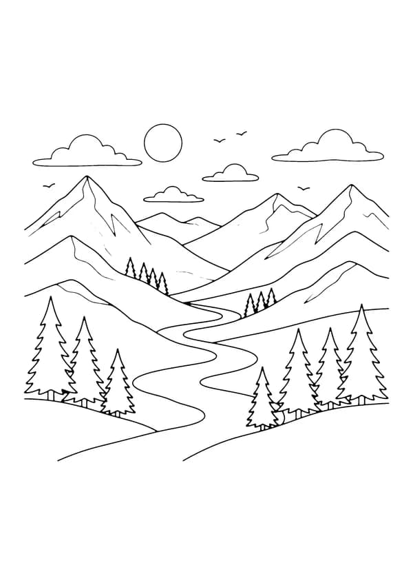 Printable hand-drawn Mountain Landscape coloring page