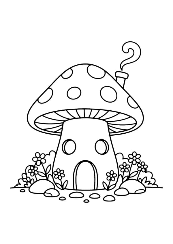 Printable hand-drawn Mushroom House coloring page