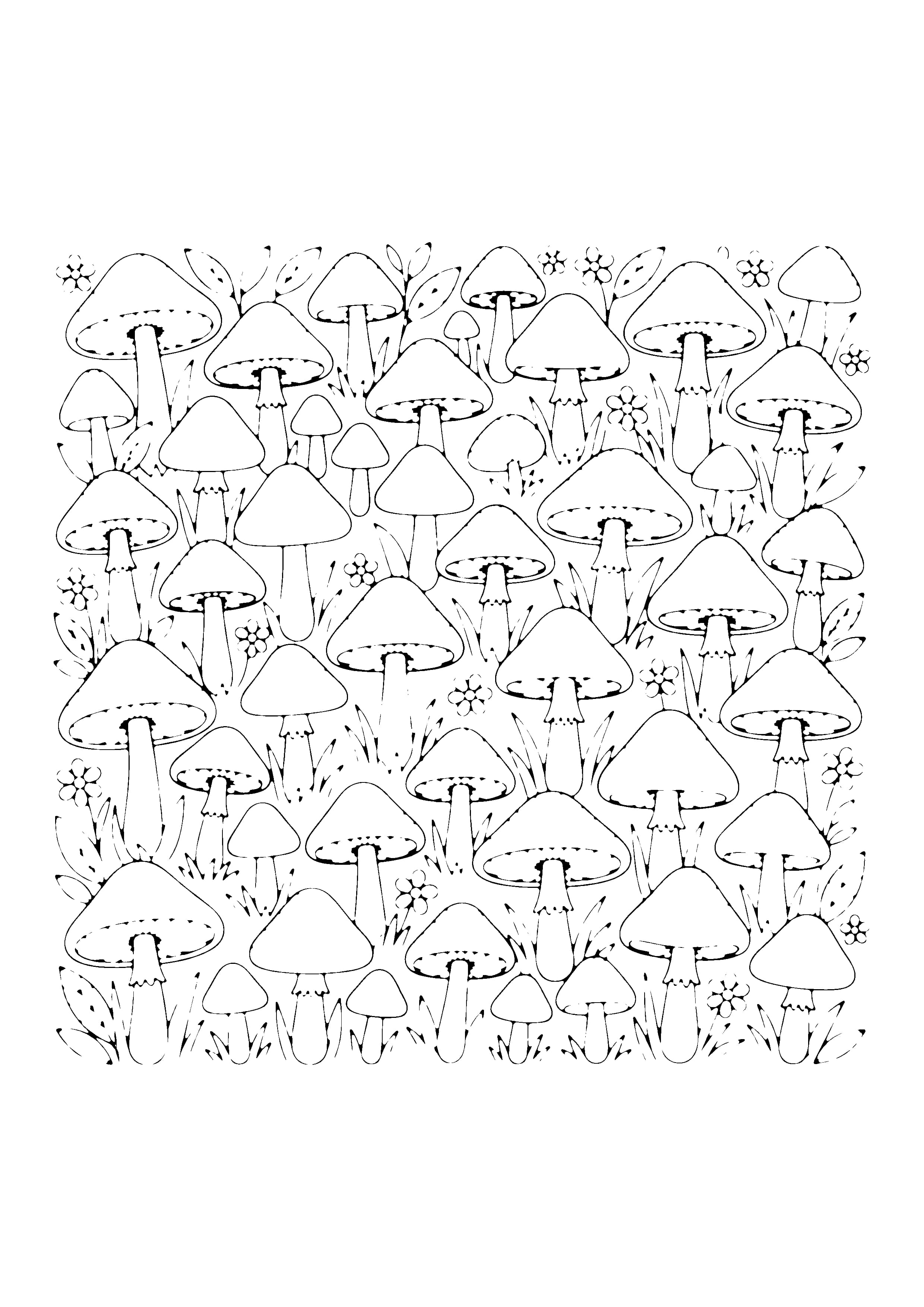 Printable hand-drawn Mushroom Patch Scene coloring page