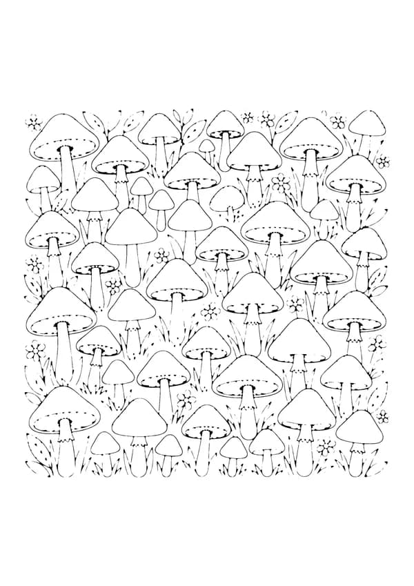 Printable hand-drawn Mushroom Patch Scene coloring page