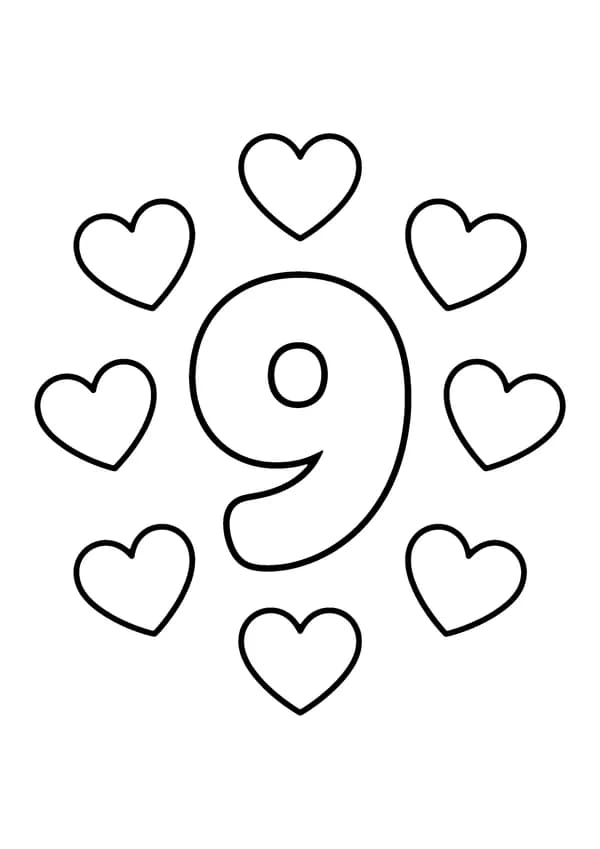Printable hand-drawn Number Nine Hearts coloring page