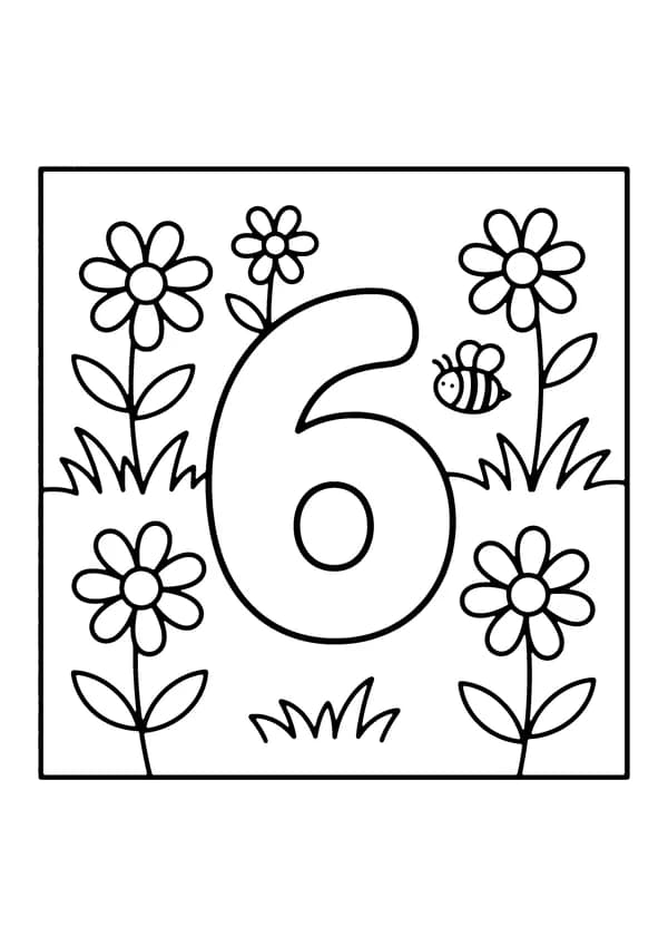 Printable hand-drawn Number Six Flowers coloring page