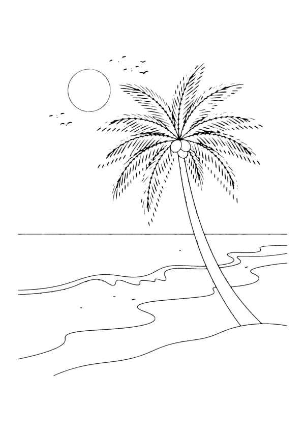 Printable hand-drawn Palm Tree by the Sea coloring page