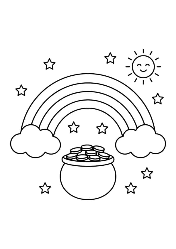 Printable hand-drawn Rainbow and Pot of Gold coloring page