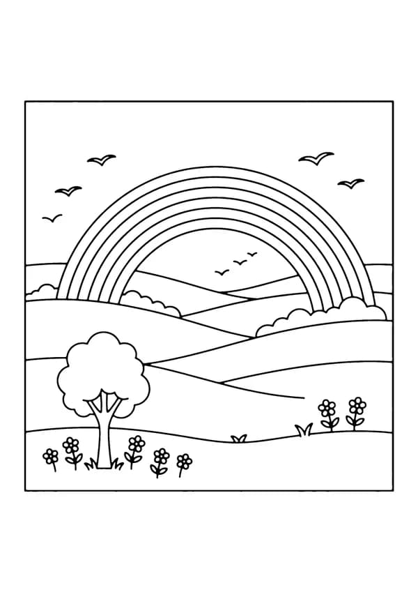 Printable hand-drawn Rainbow Over Hills coloring page