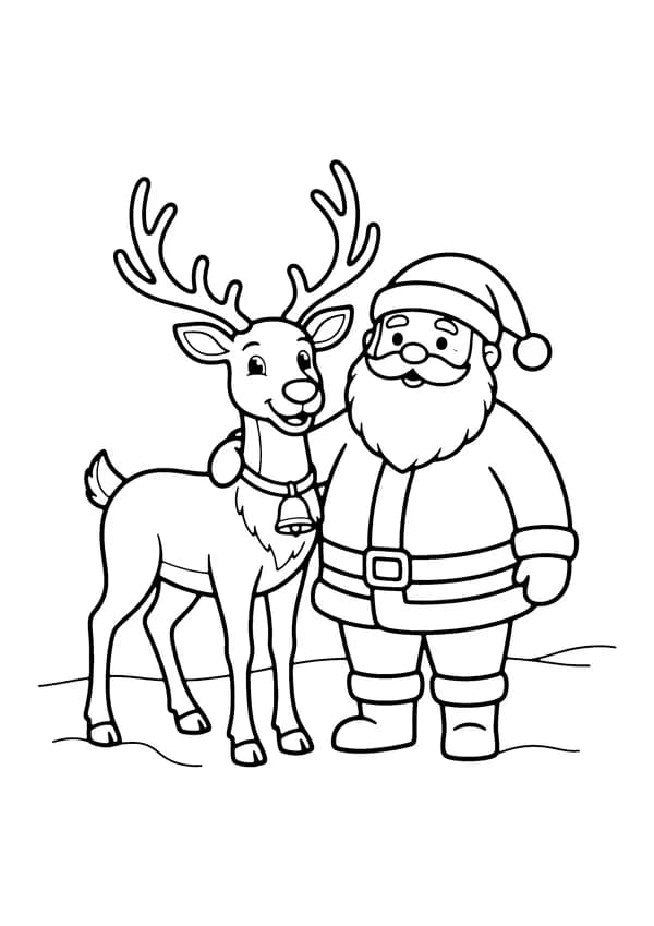 Printable hand-drawn Santa and Reindeer coloring page