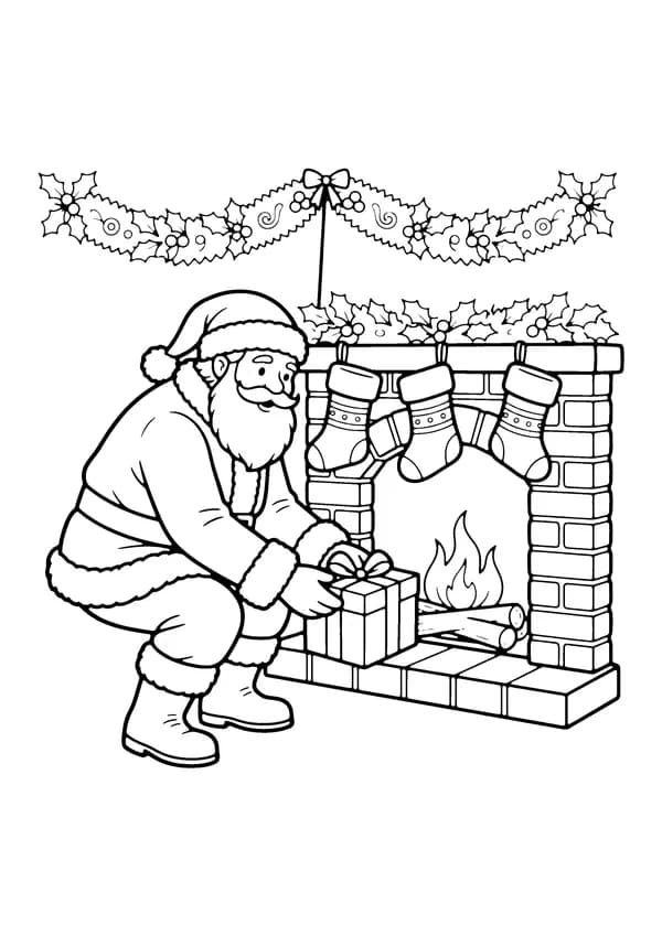 Printable hand-drawn Santa by the Fireplace coloring page