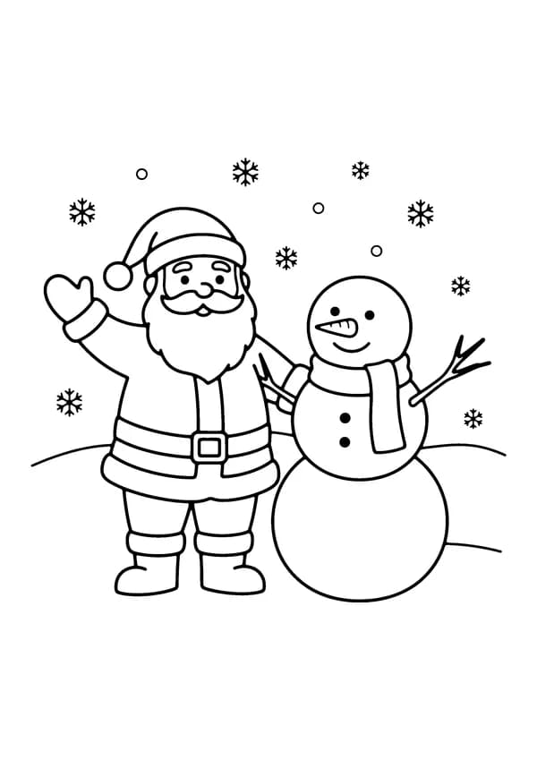 Printable hand-drawn Santa with Snowman coloring page