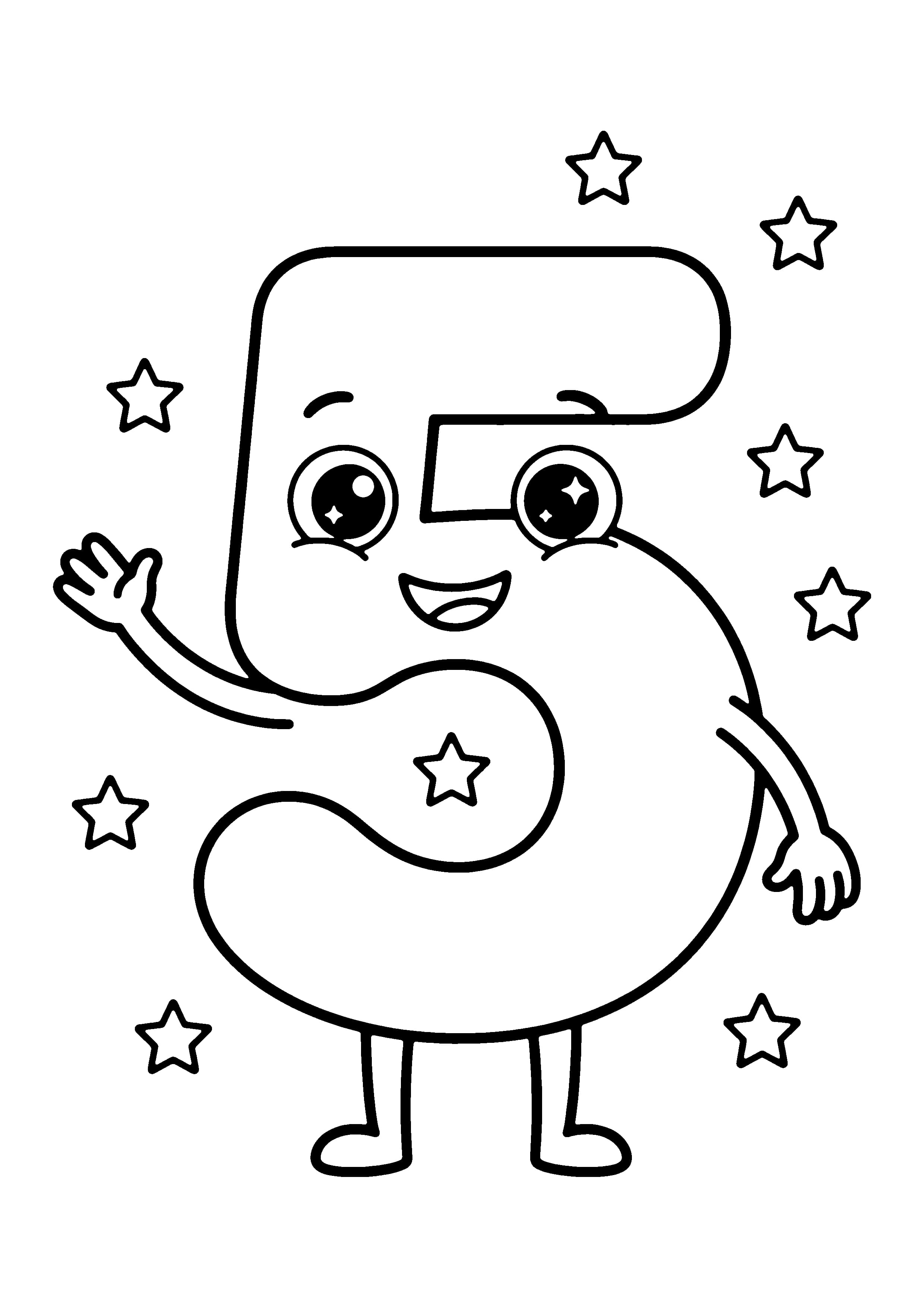 Printable hand-drawn Smiling Number Five coloring page