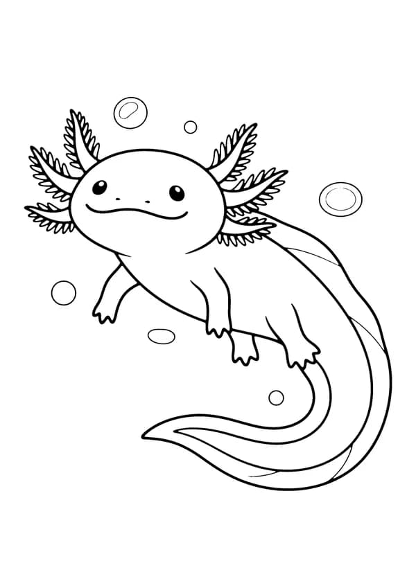 Printable hand-drawn Smiling Pink Axolotl coloring page