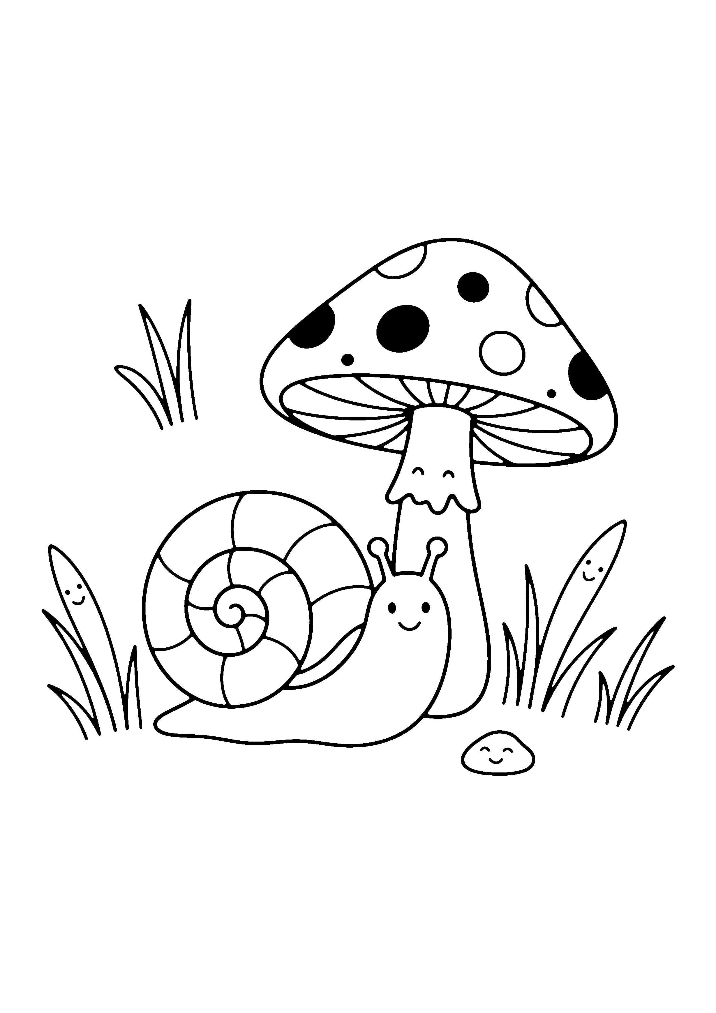 Printable hand-drawn Snail and Mushroom coloring page