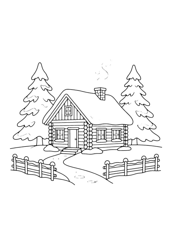 Printable hand-drawn Snowy Cabin Scene coloring page
