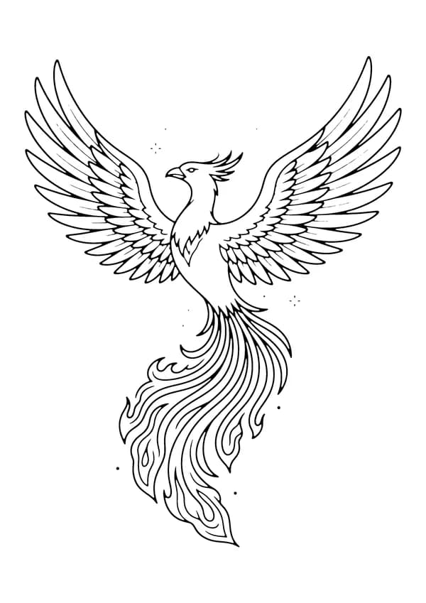 Printable hand-drawn Soaring Phoenix coloring page