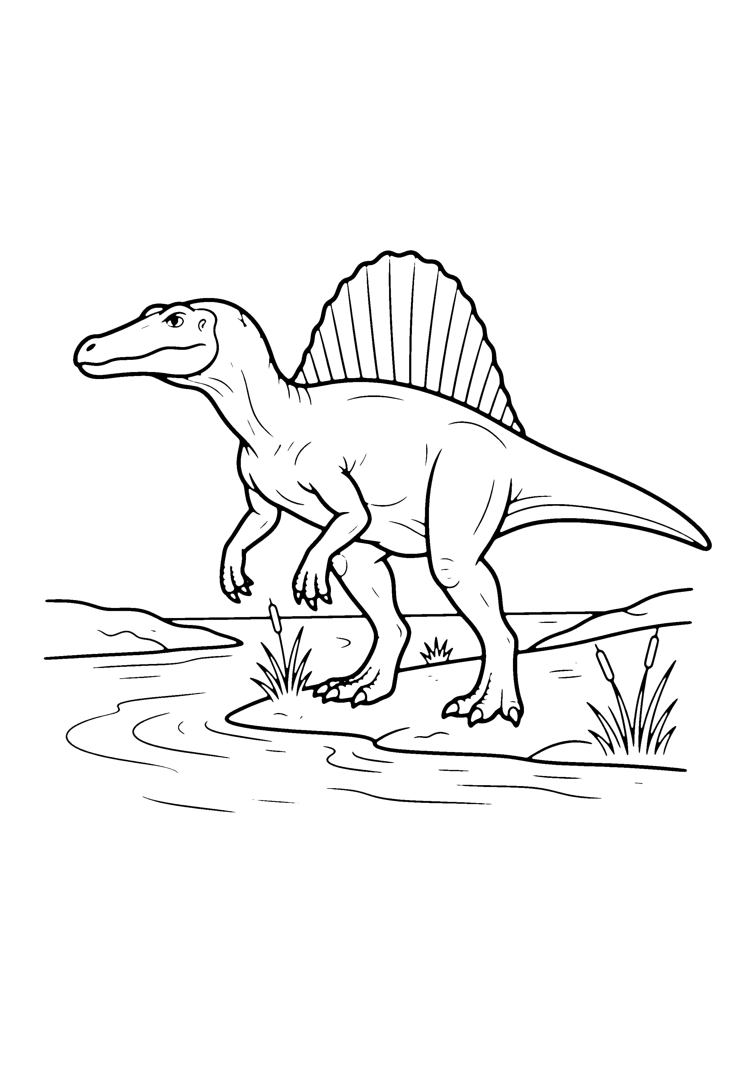 Printable hand-drawn Spinosaurus by the River coloring page