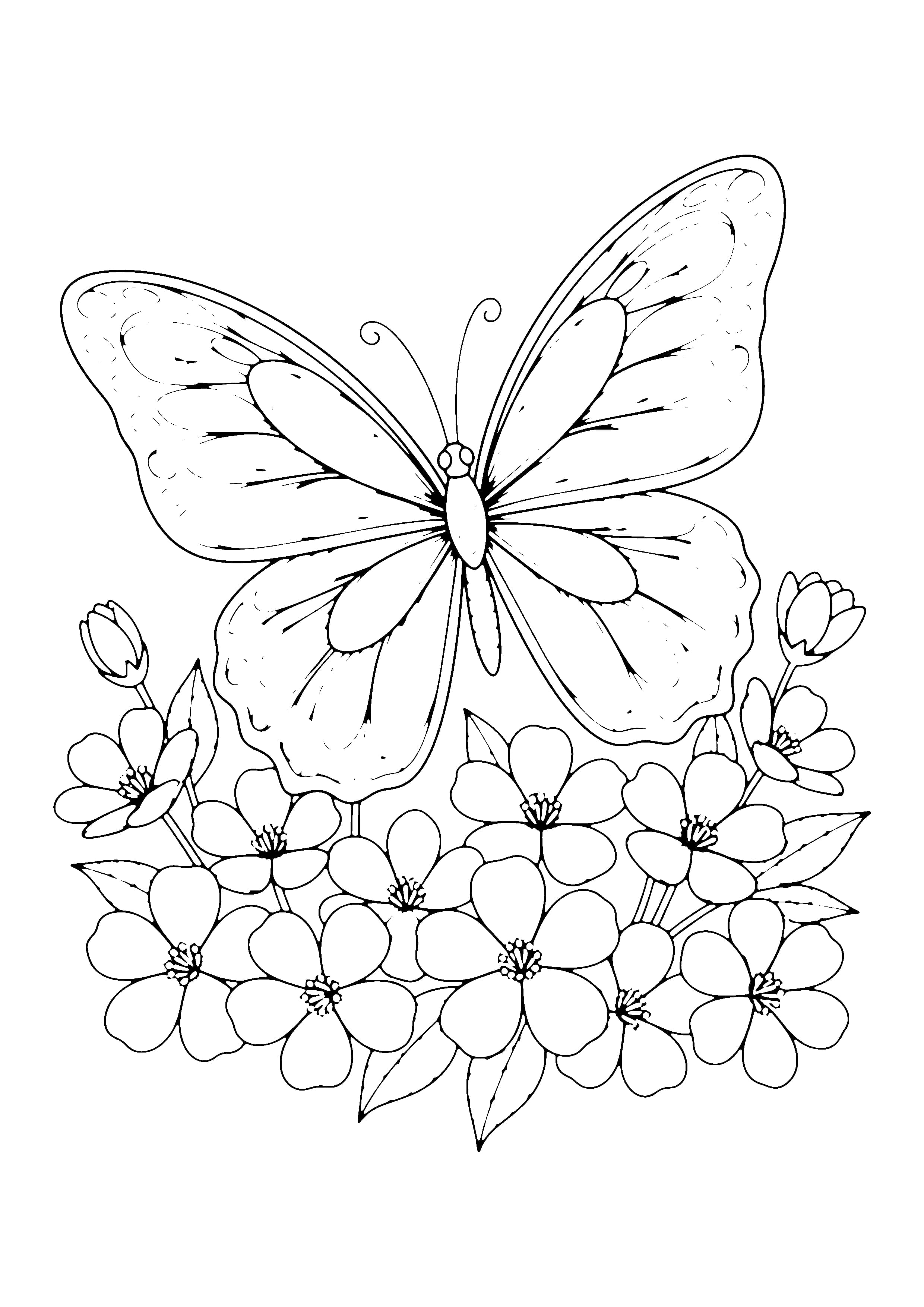 Printable hand-drawn Spring Butterfly Garden coloring page