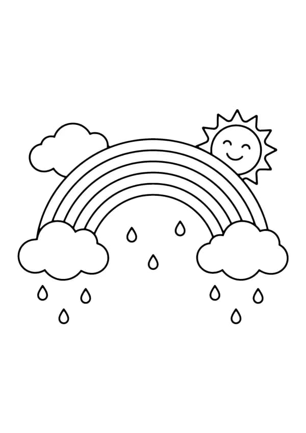 Printable hand-drawn Spring Rainbow and Clouds coloring page