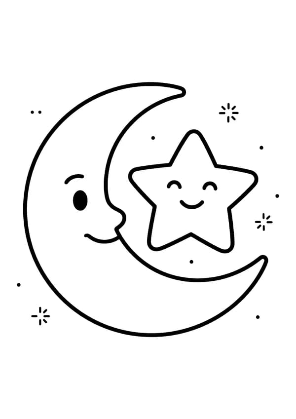 Printable hand-drawn Star and Crescent Moon coloring page