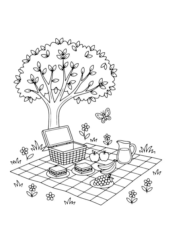 Printable hand-drawn Summer Picnic Scene coloring page