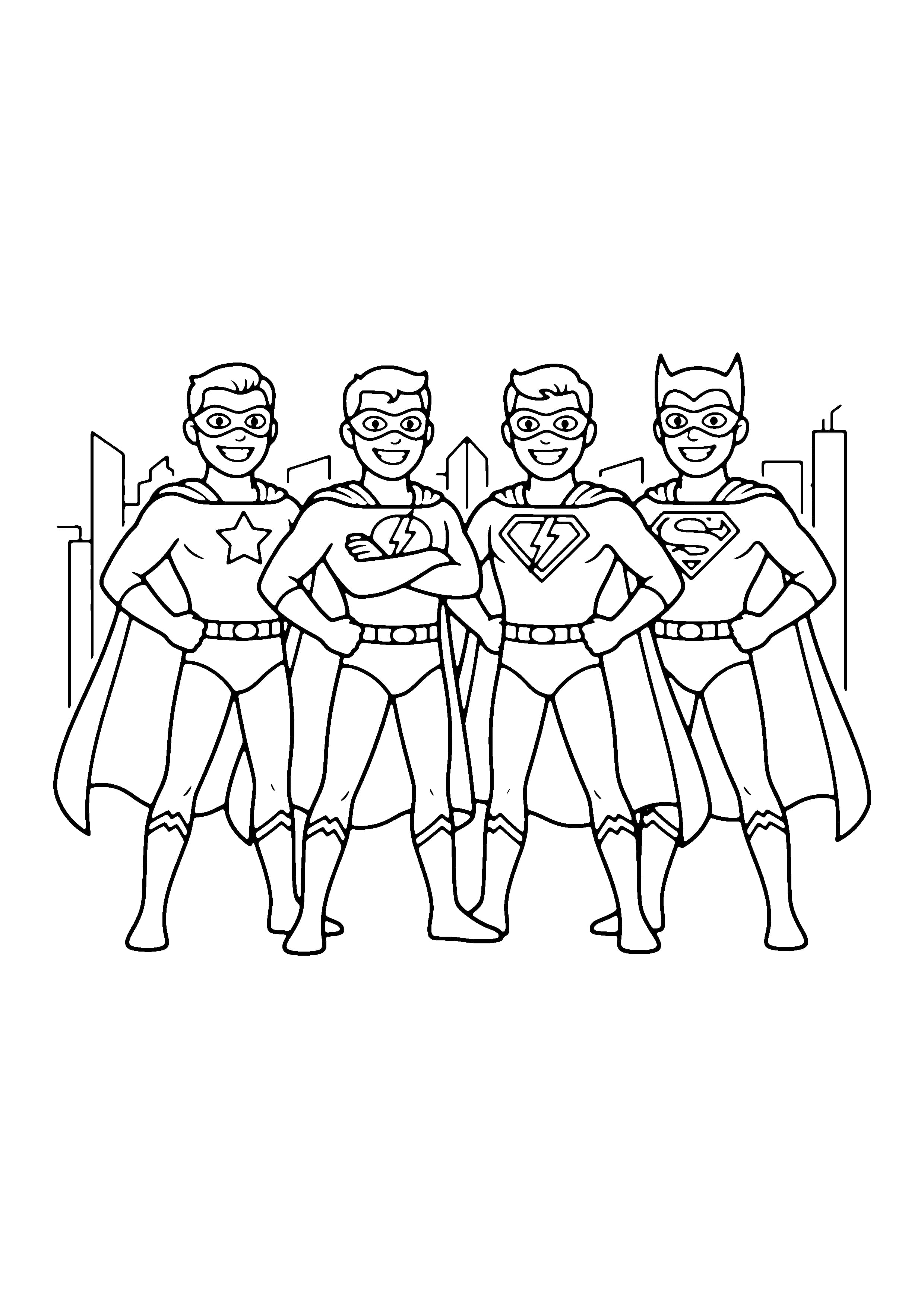 Printable hand-drawn Superhero Team Lineup coloring page