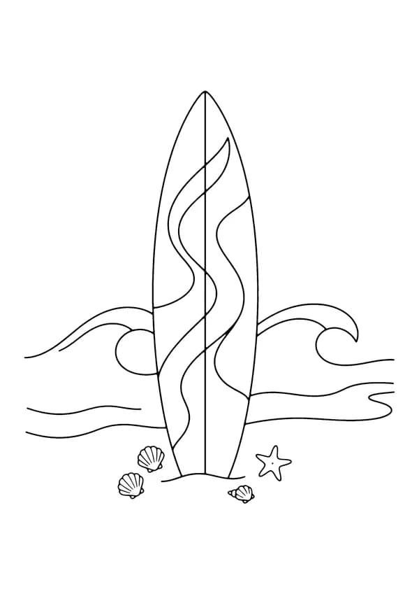 Printable hand-drawn Surfboard in the Sand coloring page