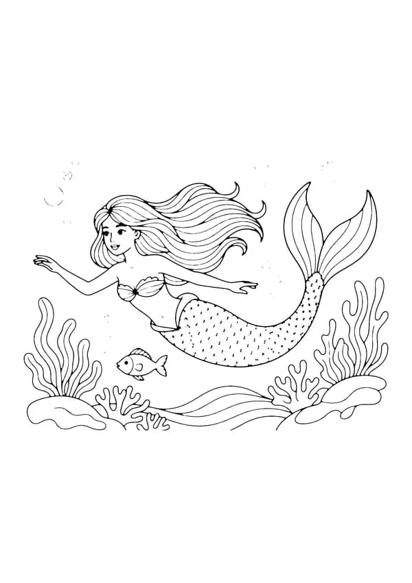Printable hand-drawn Swimming Mermaid coloring page