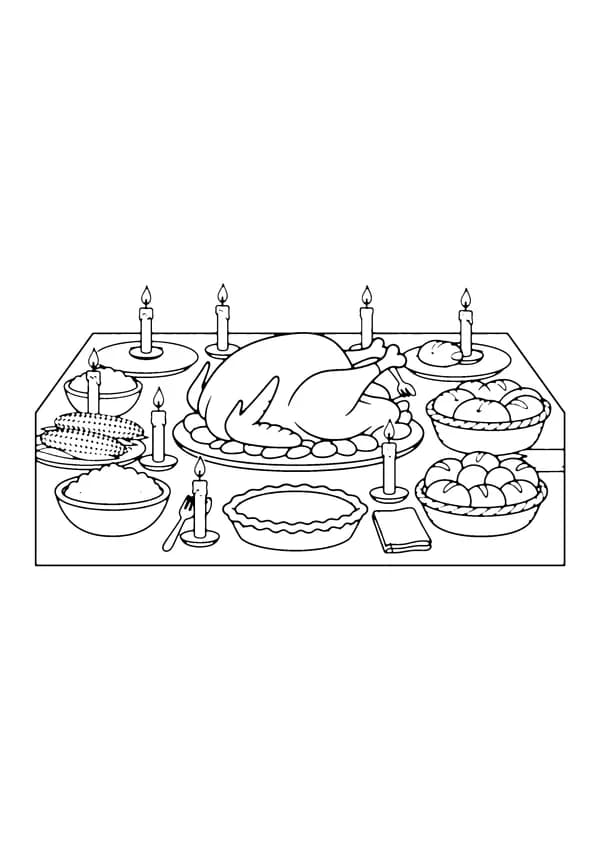 Printable hand-drawn Thanksgiving Feast Table coloring page