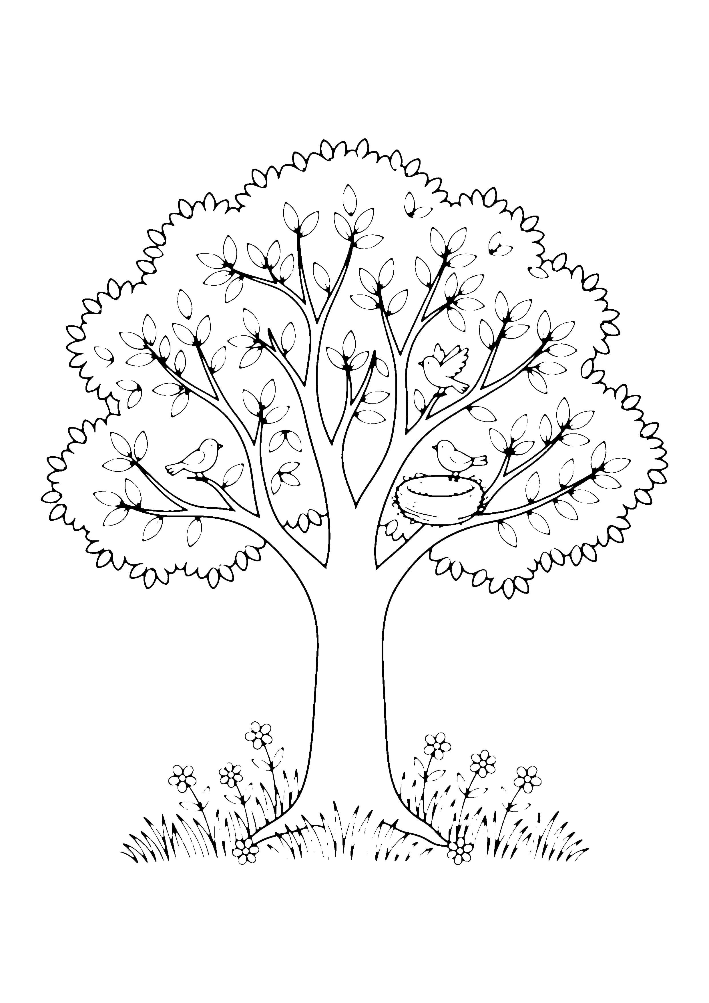 Printable hand-drawn Tree with Birds coloring page