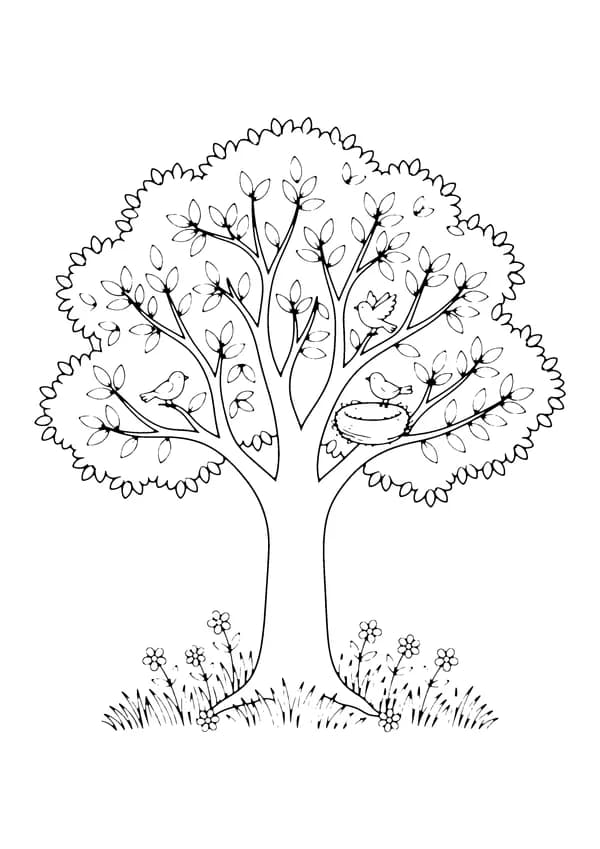 Printable hand-drawn Tree with Birds coloring page