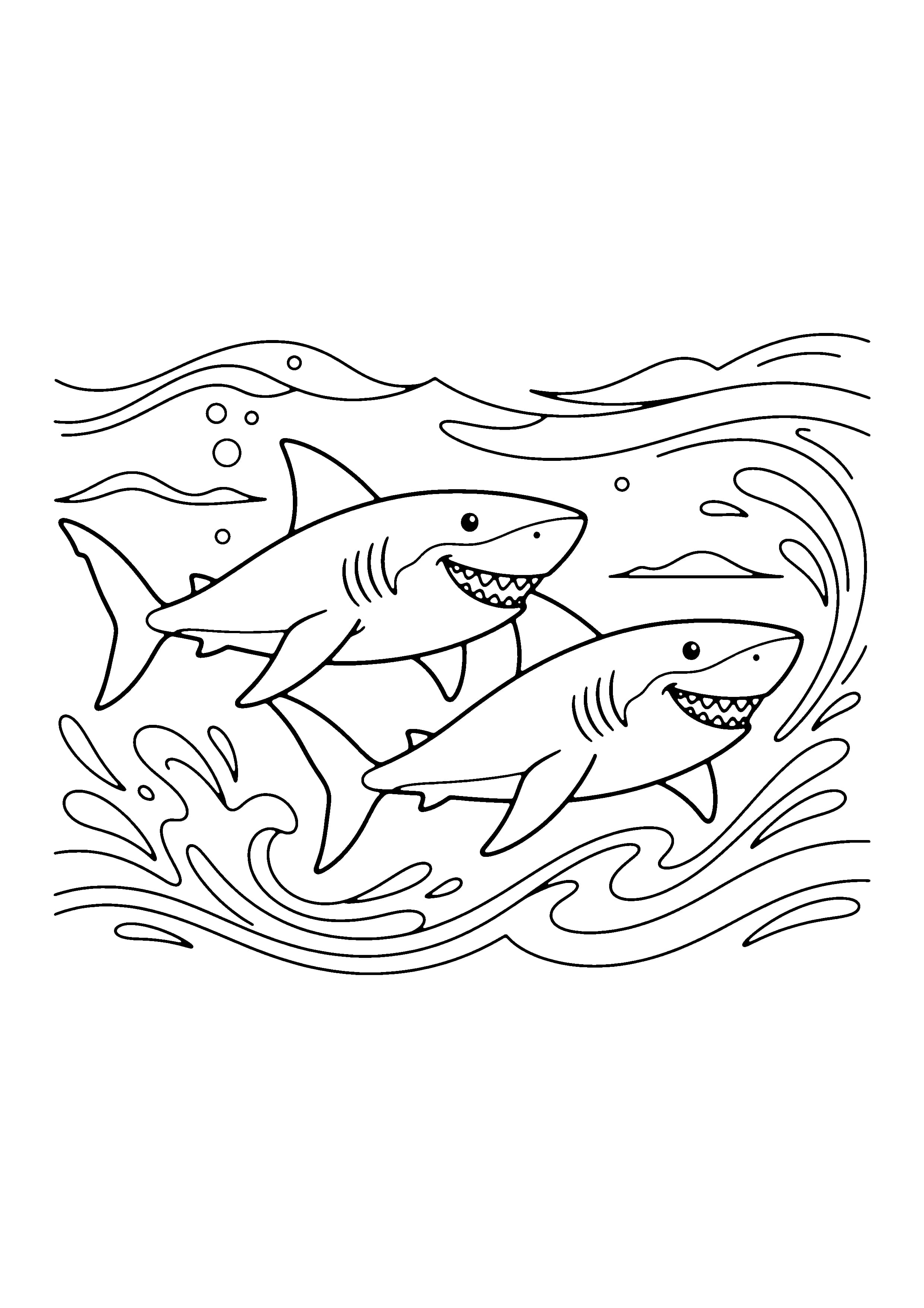 Printable hand-drawn Two Sharks Swimming coloring page
