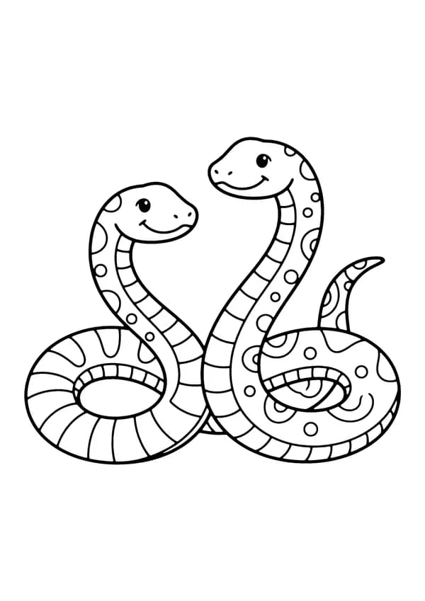 Printable hand-drawn Two Snakes Twisting coloring page