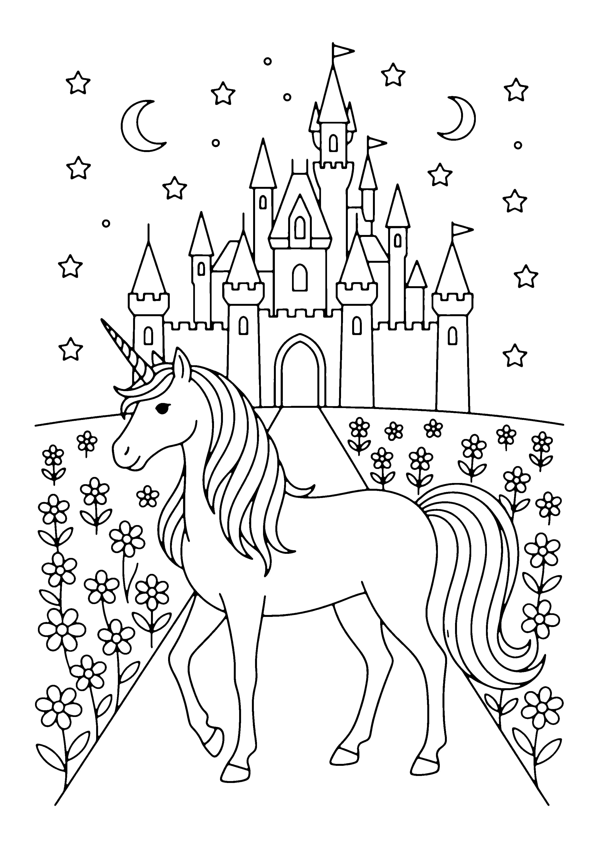 Printable hand-drawn Unicorn Castle coloring page