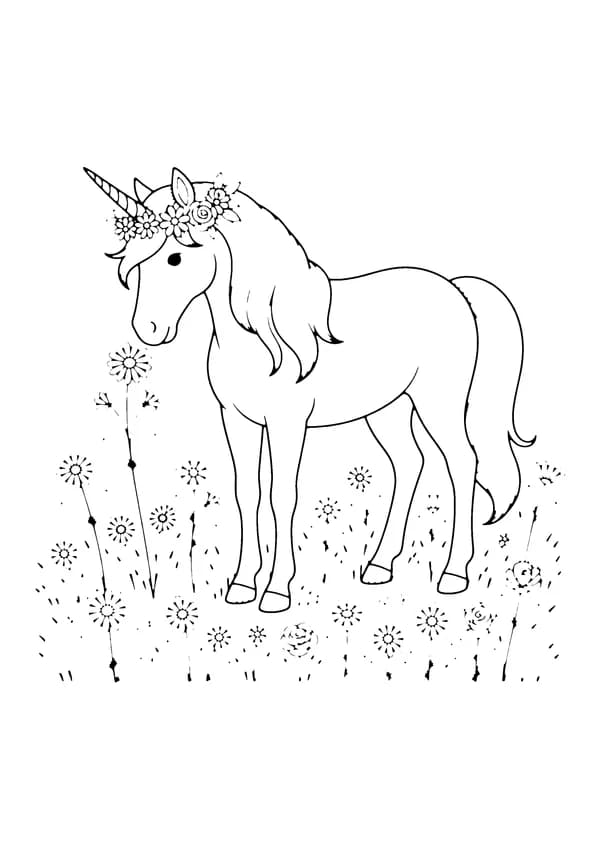 Printable hand-drawn Unicorn with Flowers coloring page