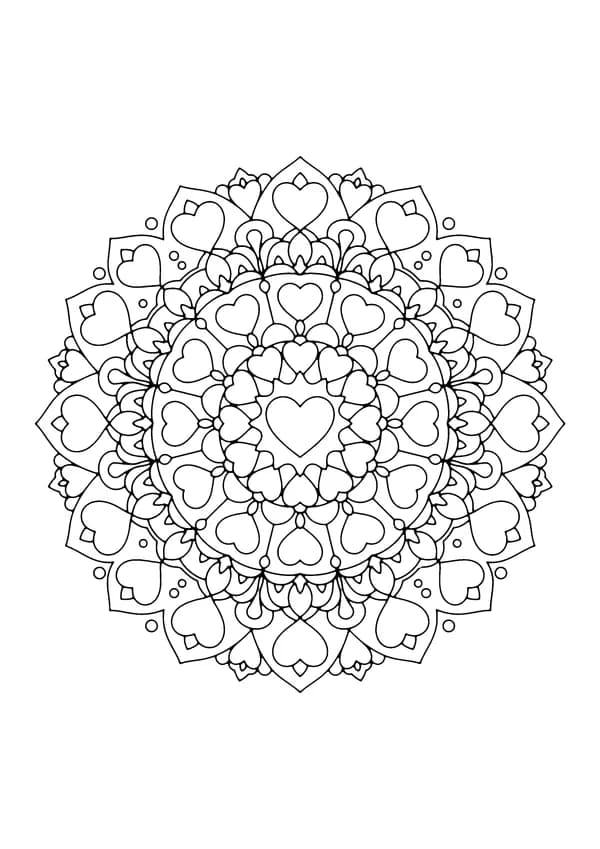 Printable hand-drawn Valentine Heart Mandala coloring page for adults