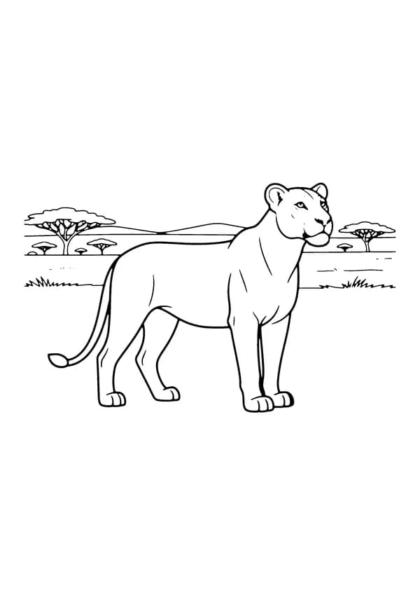 Printable hand-drawn Watchful Lioness coloring page