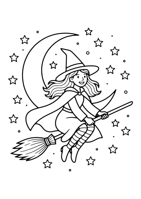 Printable hand-drawn Witch on a Broomstick coloring page
