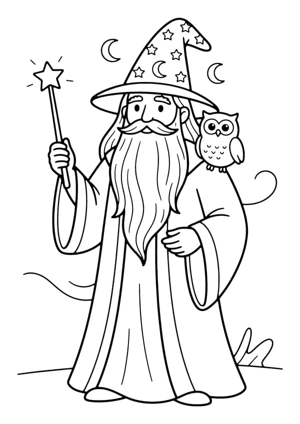 Printable hand-drawn Wizard with Wand coloring page