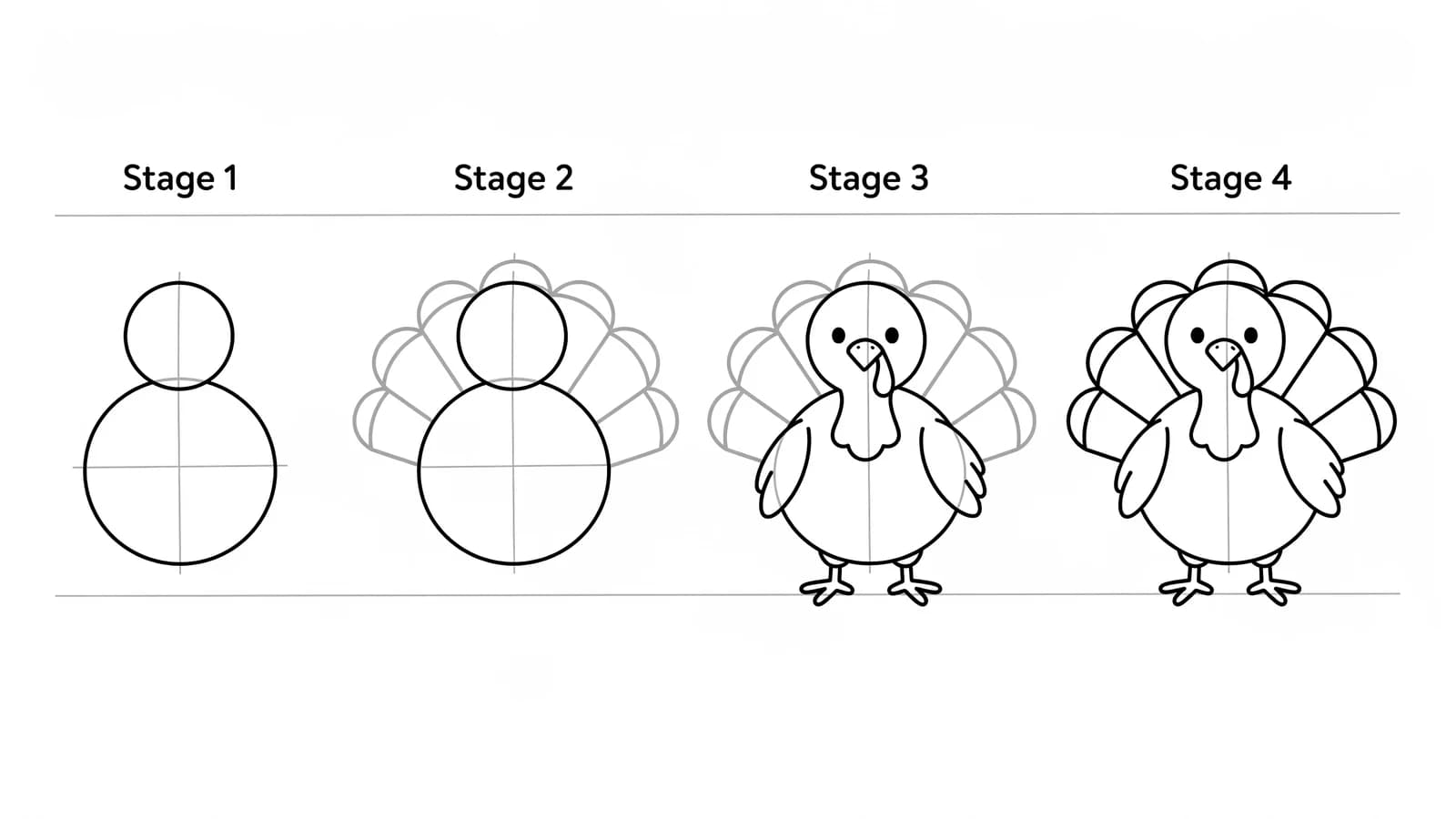 Step-by-step: how to draw a turkey in four stages, from a body circle to a feather fan and a finished bird