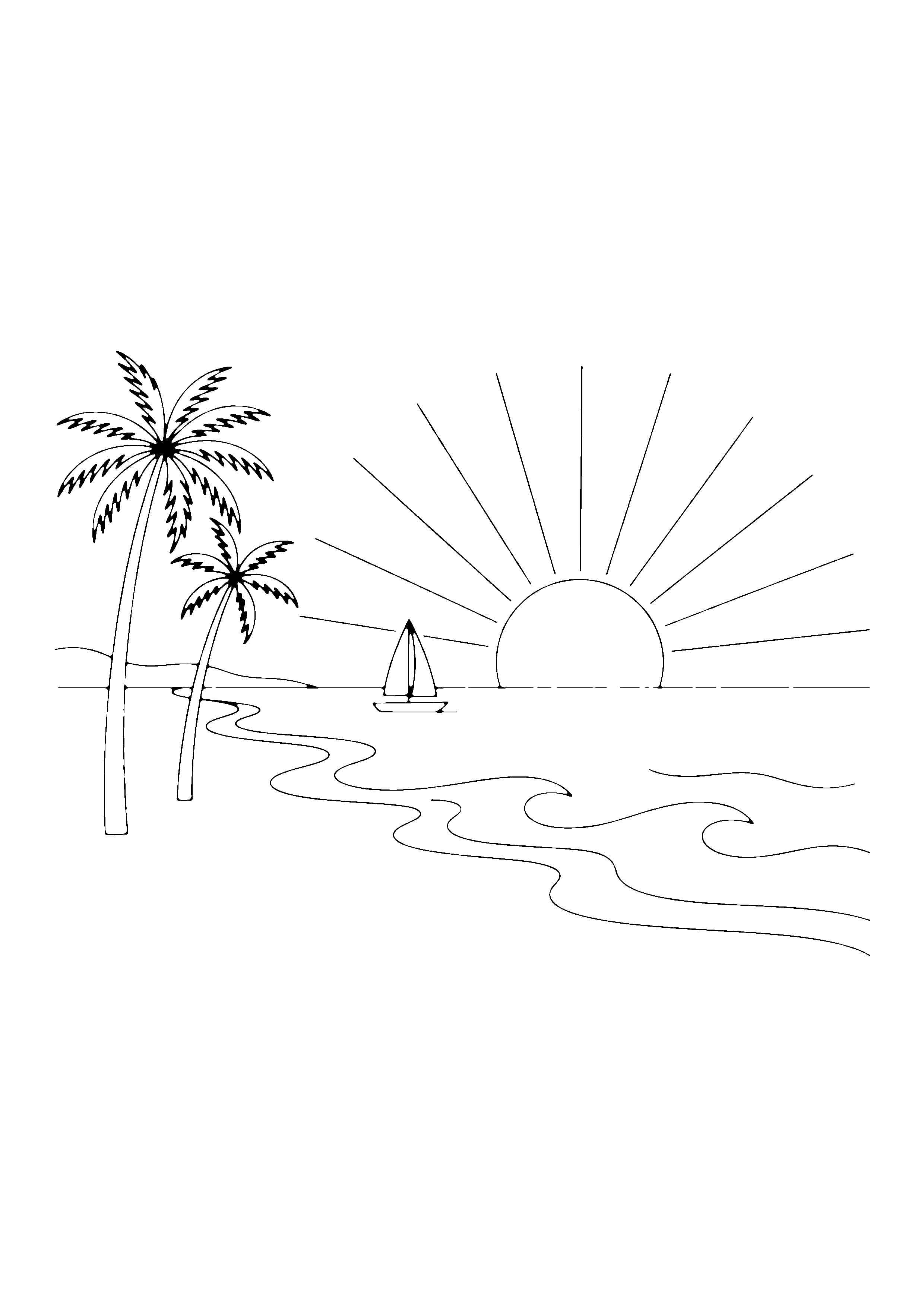 Printable hand-drawn Beach Sunset Scene coloring page