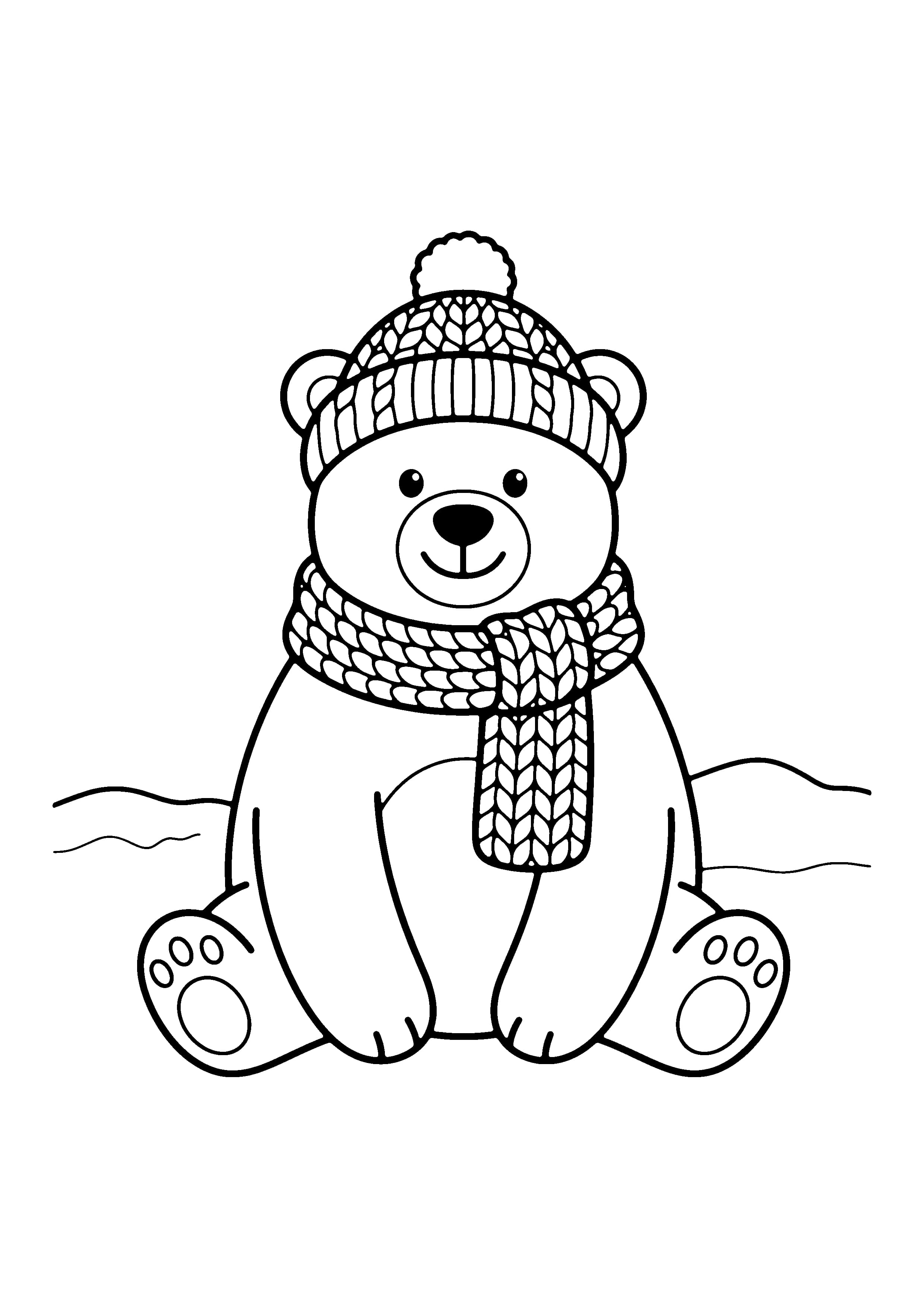 Printable hand-drawn Bear in Winter Scarf coloring page