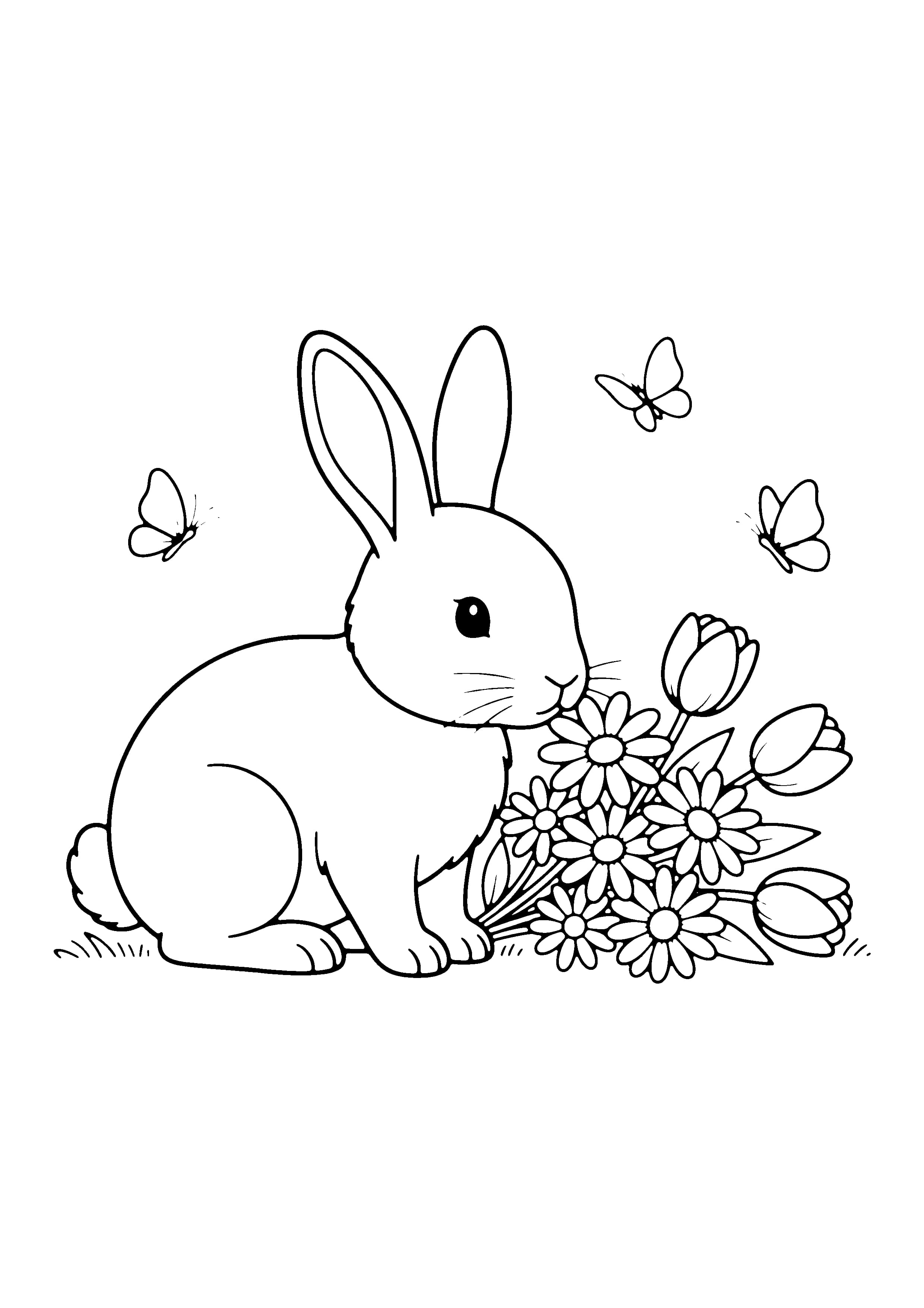 Printable hand-drawn Bunny with Flowers coloring page