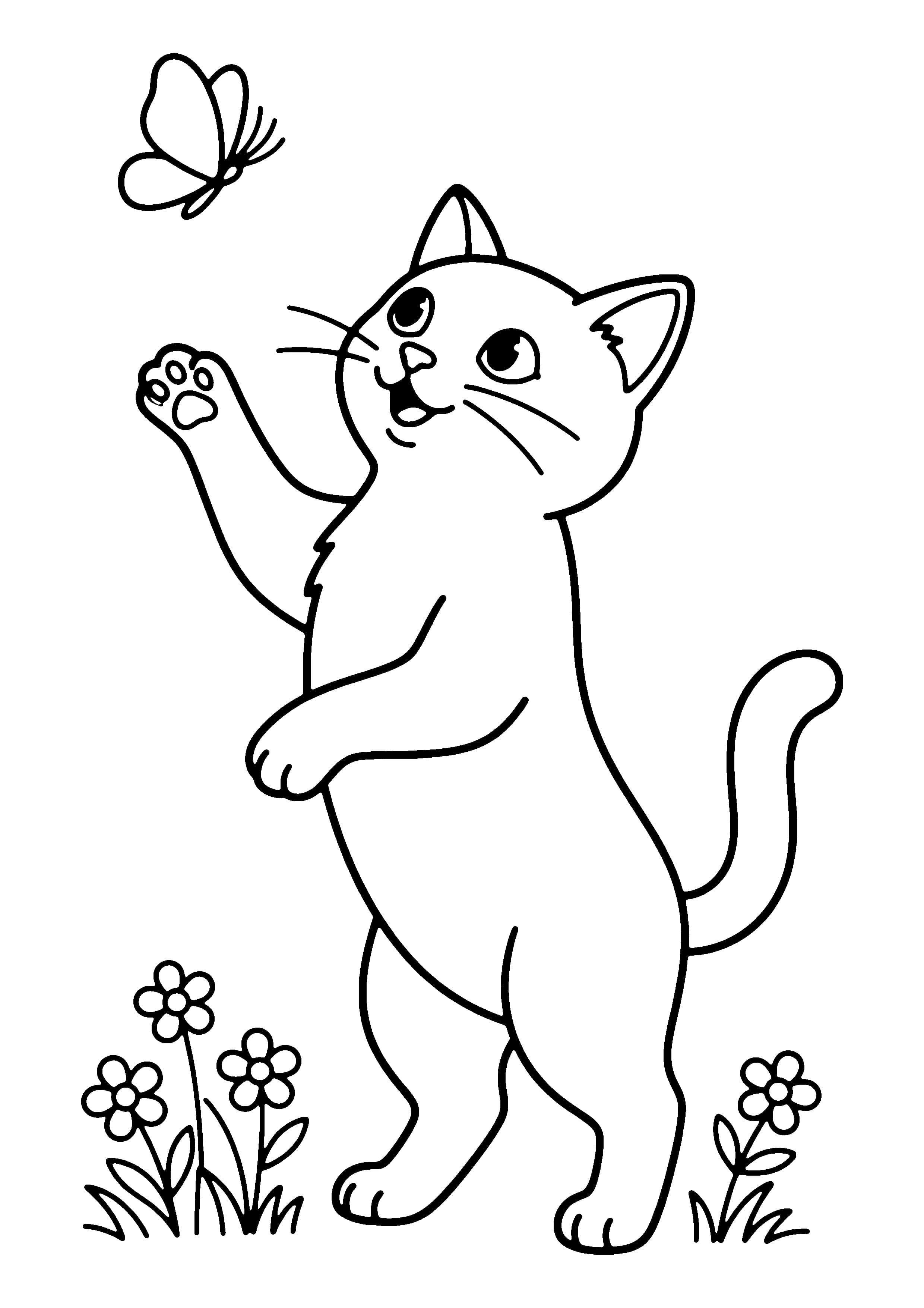 Printable hand-drawn Cat Chasing a Butterfly coloring page