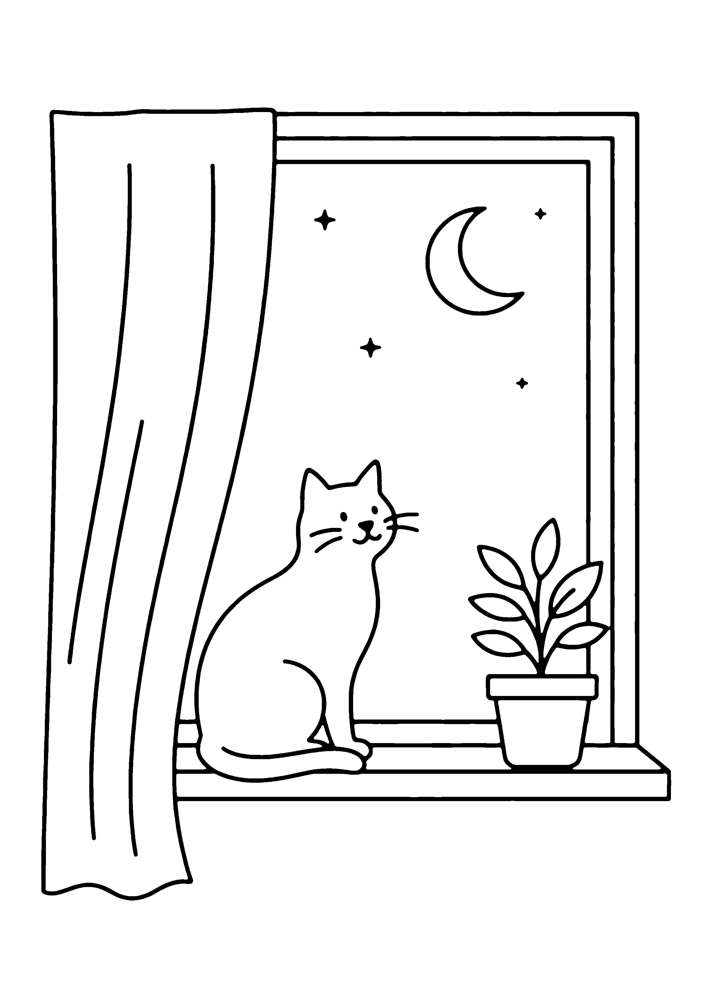 Printable hand-drawn Cat in the Window coloring page