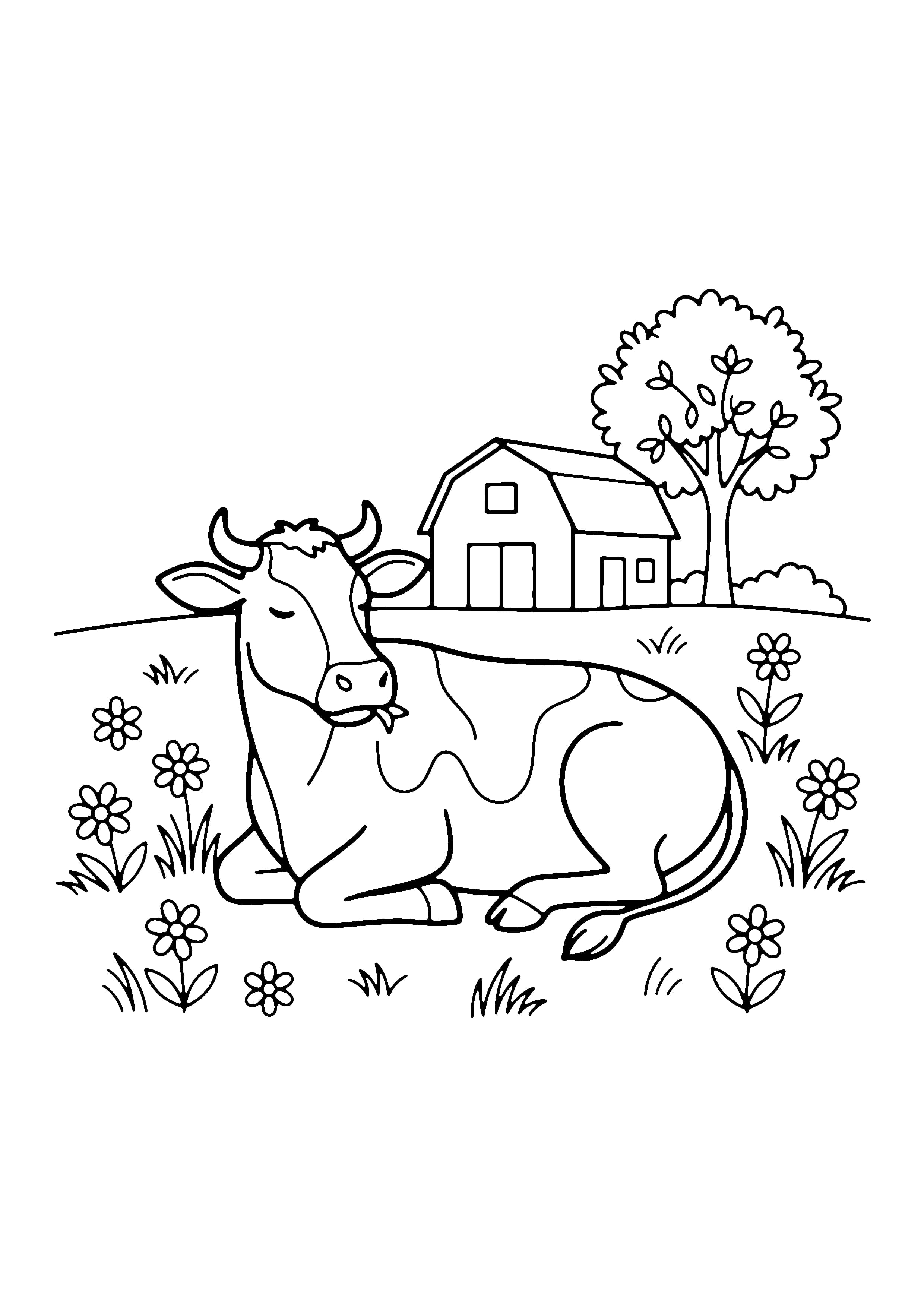 Printable hand-drawn Cow Resting in the Field coloring page