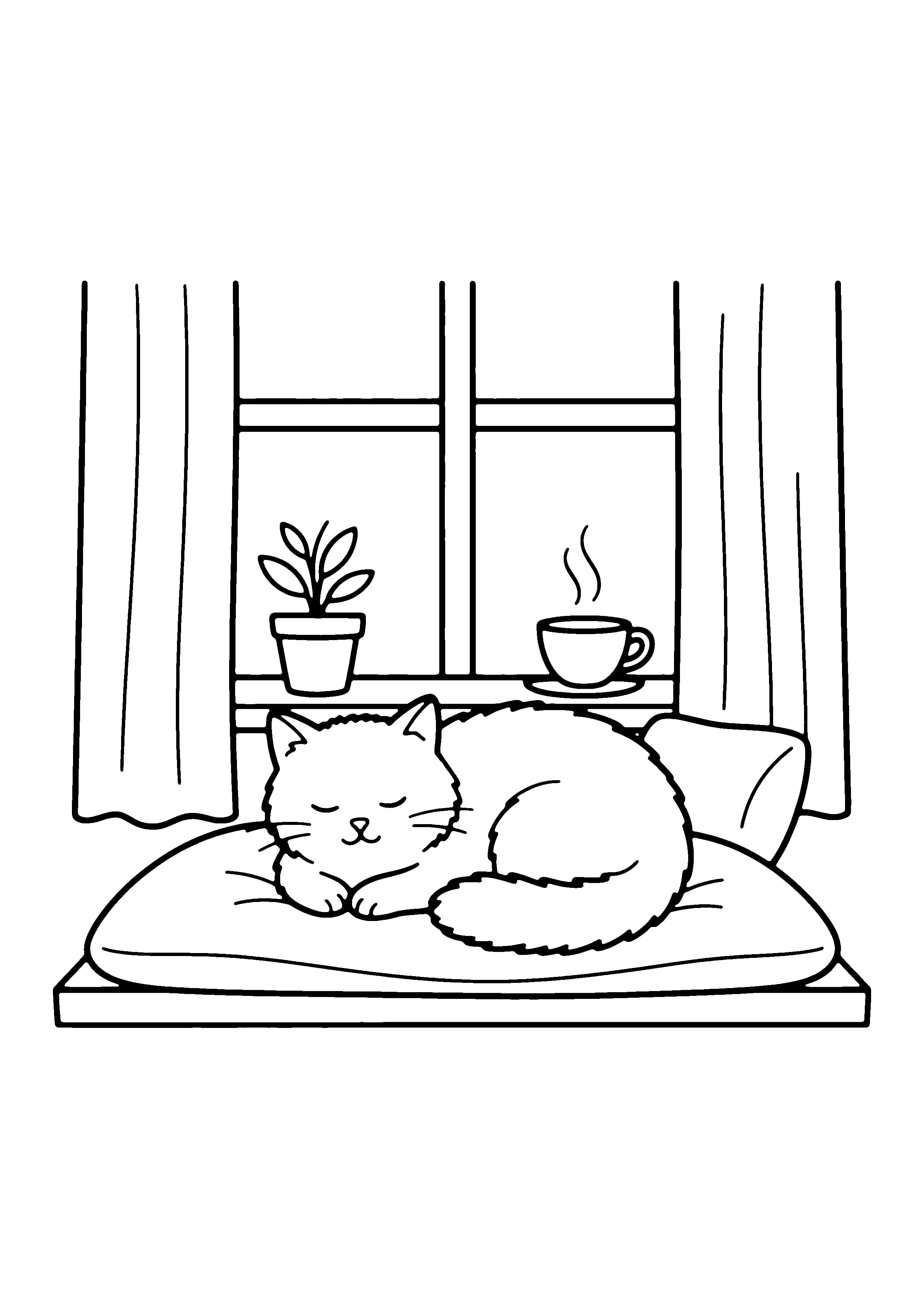 Printable hand-drawn Cozy Cat by the Window coloring page