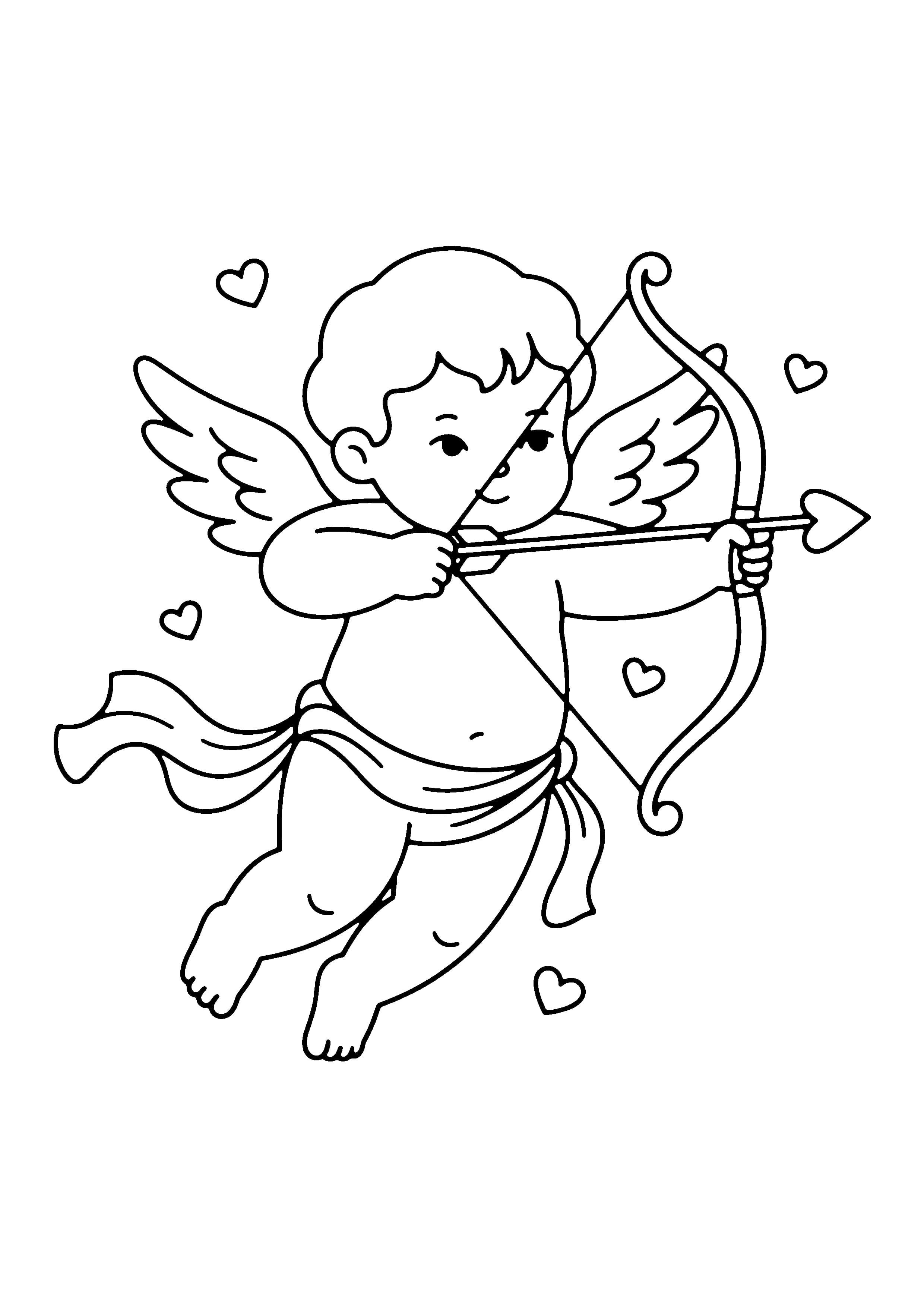 Printable hand-drawn Cupid with Bow and Arrow coloring page
