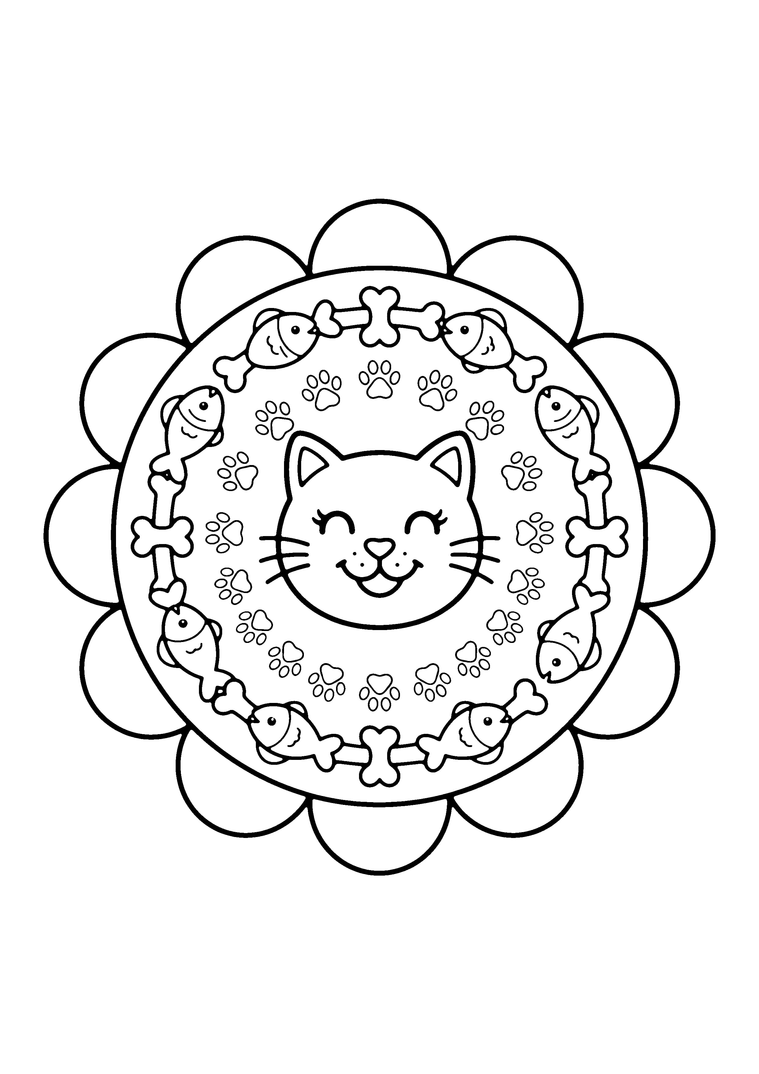 Printable hand-drawn Cute Animal Mandala coloring page for kids