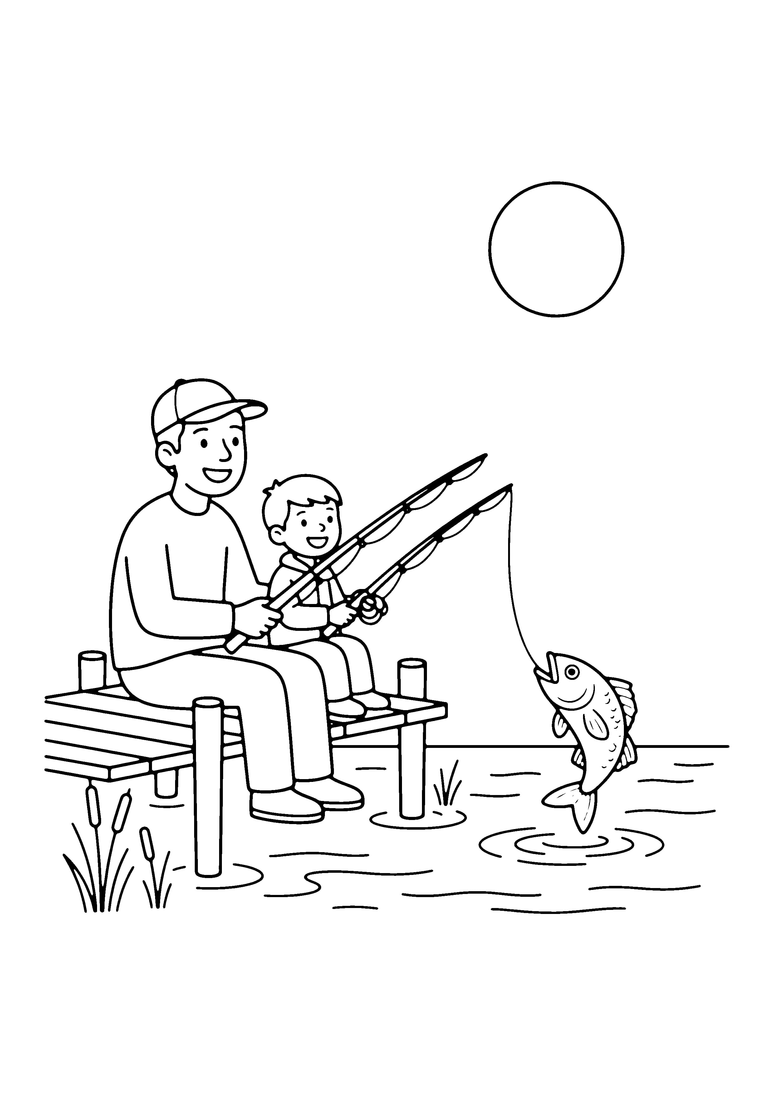 Printable hand-drawn Dad and Kid Fishing coloring page